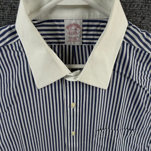 Brooks Brothers Striped Non-Iron Point Cotton Traditional 17.5 36 Blue Men Shirt - Picture 2 of 16